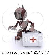 3d Red Android Robot Paramedic Using A Stethoscope By A First Aid Kit