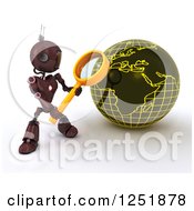 Poster, Art Print Of 3d Red Android Robot Using A Magnifying Glass To Search A Globe