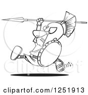 Poster, Art Print Of Black And White Cartoon Spartan Warrior Running With A Spear And Shield