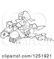 Clipart Of A Black And White Cartoon Paul Revere Riding A Horse Royalty Free Vector Illustration by toonaday