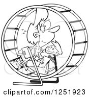 Clipart Of A Black And White Cartoon Mother Struggling With Parenting And Work In A Hamster Wheel Royalty Free Vector Illustration
