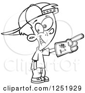 Clipart Of A Black And White Sports Fan Boy Wearing A Foam Finger Royalty Free Vector Illustration