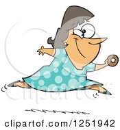 Chubby Caucasian Woman Leaping With A Donut In Hand
