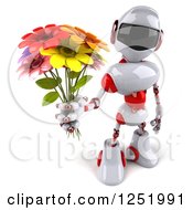 Clipart Of A 3d White And Red Robot Holding Up A Flower Bouquet Royalty Free Illustration