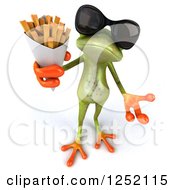 Clipart Of A 3d Green Springer Frog Wearing Sunglasses And Holding Up French Fries Royalty Free Illustration