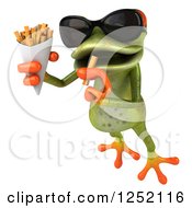 Clipart Of A 3d Green Springer Frog Wearing Sunglasses Leaping And Eating French Fries Royalty Free Illustration