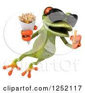 Clipart Of A 3d Green Springer Frog Wearing Sunglasses Leaping And Eating French Fries 2 Royalty Free Illustration