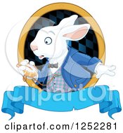 The White Rabbit Of Wonderland Looking At His Watch Over A Blue Banner
