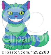 Clipart Of A Grinning Striped Blue And Green Cheshire Cat Royalty Free Vector Illustration by Pushkin