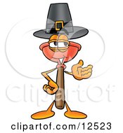 Sink Plunger Mascot Cartoon Character Wearing A Pilgrim Hat On Thanksgiving by Mascot Junction