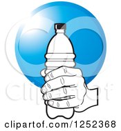 Clipart Of A Hand Holding A Water Bottle And Blue Circle Royalty Free Vector Illustration