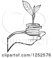 Poster, Art Print Of Black And White Hand Holding A Stack Of Coins And A Seedling