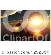 Clipart Of A Silhouetted 3d Man Cheering On A Mountain Top Over The Ocean At Sunset Royalty Free Illustration