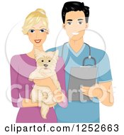 Poster, Art Print Of Blond Caucasian Woman Holding A Dog By A Handsome Male Veterinarian