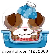 Poster, Art Print Of Cute Sick Puppy Dog With A Thermometer And Ice Pack
