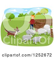 Poster, Art Print Of Red Haired Caucasian Farmer And Herding Dog With Sheep
