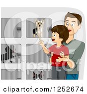 Poster, Art Print Of Brunette Caucasian Father And Son Picking Out A Dog At A Shelter