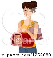 Clipart Of A Happy Woman Carrying A Dog In A Carrier Royalty Free Vector Illustration