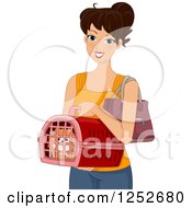 Poster, Art Print Of Happy Woman Carrying A Dog In A Carrier