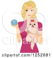 Clipart Of A Blond Caucasian Woman Holding A Dog And Ball Royalty Free Vector Illustration