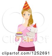 Poster, Art Print Of Blond Caucasian Woman Holding Her Birthday Dog And A Cake