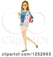 Clipart Of A Caucasian Woman Carrying A Coffee And Dog In A Carrier Royalty Free Vector Illustration