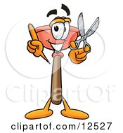 Clipart Picture Of A Sink Plunger Mascot Cartoon Character Holding A Pair Of Scissors