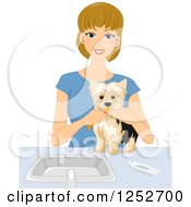Poster, Art Print Of Blond Caucasian Woman Brushing Her Dogs Teeth