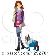 Brunette Caucasian Woman Walking Her Dog In Winter Clothes