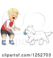 Poster, Art Print Of Blond Caucasian Boy Playing Ball Fetch With A Dog