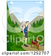Caucasian Man Hiking Through A Forest With His Dog