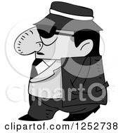 Clipart Of A Grayscale Short Mafia Mobster Man Walking Royalty Free Vector Illustration