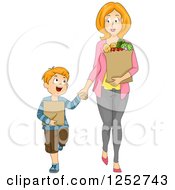 Poster, Art Print Of Caucasian Mother And Son Holding Hands And Carrying Groceries