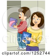 Poster, Art Print Of Brunette Caucasian Mother And Son Putting Away Groceries