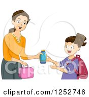 Poster, Art Print Of Brunette Caucasian Mother Giving Her School Girl Daughter Her Lunch And Thermos