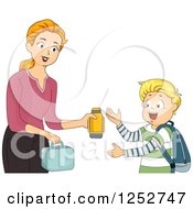 Poster, Art Print Of Brunette Caucasian Mother Giving Her School Boy Son His Lunch And Thermos