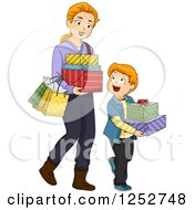 Poster, Art Print Of Red Haired Caucasian Mother And Son Carrying Gift Boxes And Shopping Bags