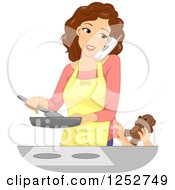 Brunette Caucasian Mother Talking On A Phone And Cooking While A Child Tries To Give Her A Teddy Bear