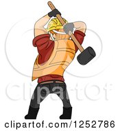 Clipart Of A Rear View Of A Construction Worker Swinging A Sledgehammer Royalty Free Vector Illustration