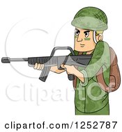 Caucasian Soldier Man Aiming A Machine Gun