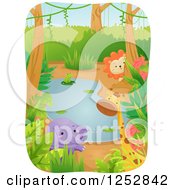 Poster, Art Print Of Frog Elephant Giraffe And Lion Around A Jungle Pond