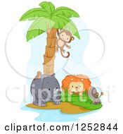 Poster, Art Print Of Monkey Swinging From A Palm Tree Over A Lion And Rhino