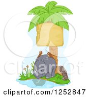 Poster, Art Print Of Cute Rhino With Birds Under A Palm Tree Sign