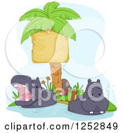 Poster, Art Print Of Safari Hippos With Birds Wading By A Palm Tree Sign