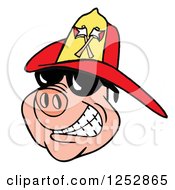 Poster, Art Print Of Grinning Pig Wearing Shades And A Red Fire Hat