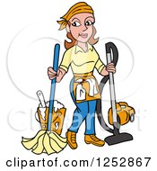 Poster, Art Print Of Brunette Caucasian Housekeeper Woman Mopping And Vacuuming