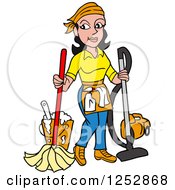 Poster, Art Print Of Black Haired Caucasian Housekeeper Woman Mopping And Vacuuming