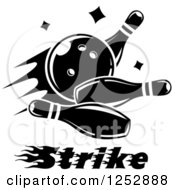 Clipart Of A Black And White Bowling Ball Smashing Into Pins With Strike Text Royalty Free Vector Illustration