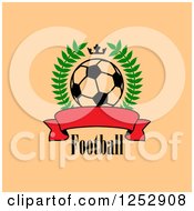 Poster, Art Print Of Crown And Wreath Around A Soccer Ball And Banner With Football Text On Tan