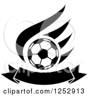 Poster, Art Print Of Black And White Soccer Ball Over A Wing And Banner